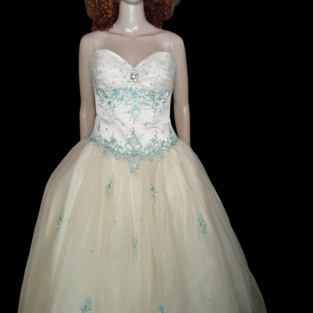 Elegant Strapless Cinderella style. Ball Gown with Blue Embellishments